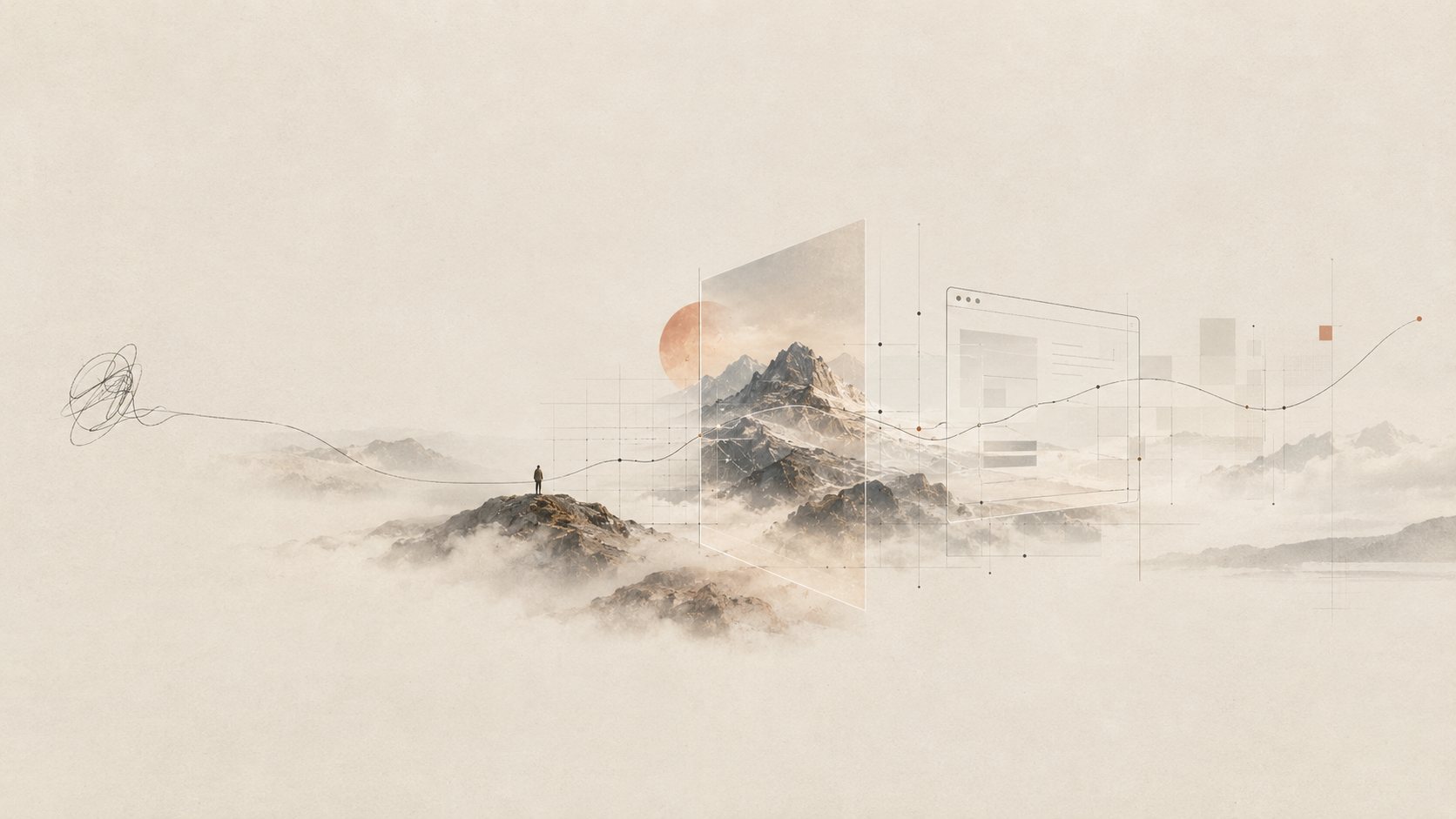 A small figure stands on a mountain above the clouds. A single line leaves a tangle of scribbles, passes the figure, runs through a pane of glass holding a mountain and past a browser window, then rises.