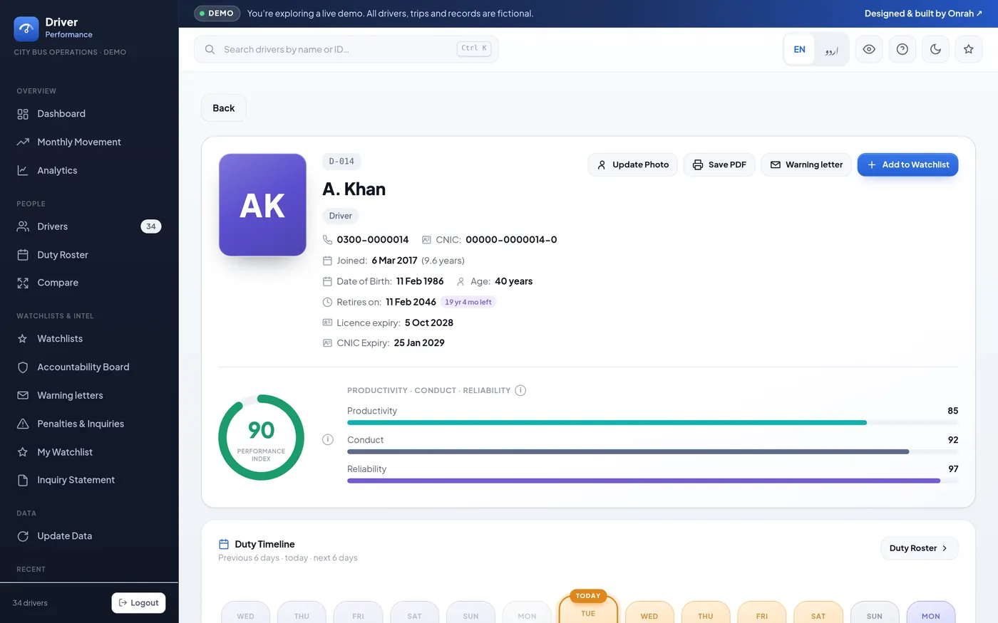 Driver Performance App — driver profile with performance score and duty timeline on desktop