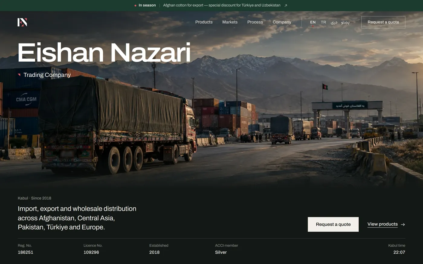 Eishan Nazari website — English home page on desktop, with the company name over a cargo truck at a border crossing