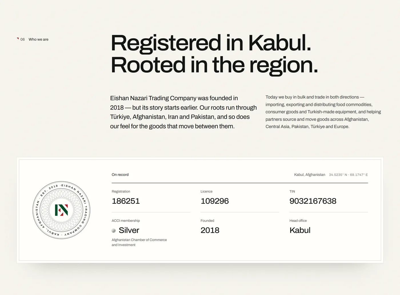 Eishan Nazari website — company register card with its seal on desktop