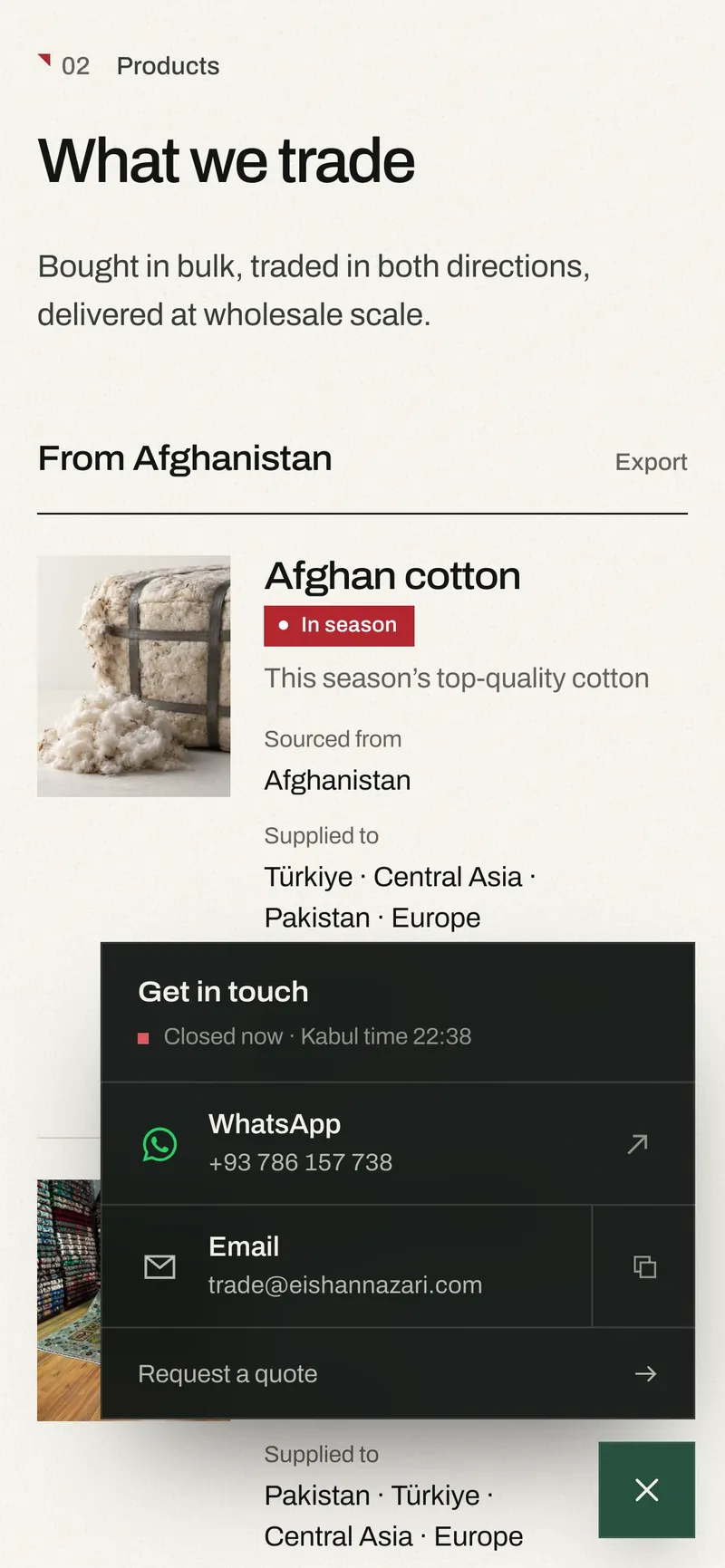 Eishan Nazari website — contact panel open on mobile