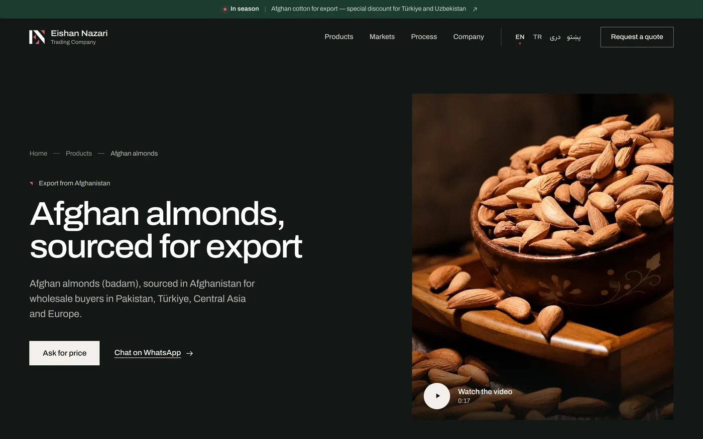 Eishan Nazari website — Afghan almonds product page on desktop