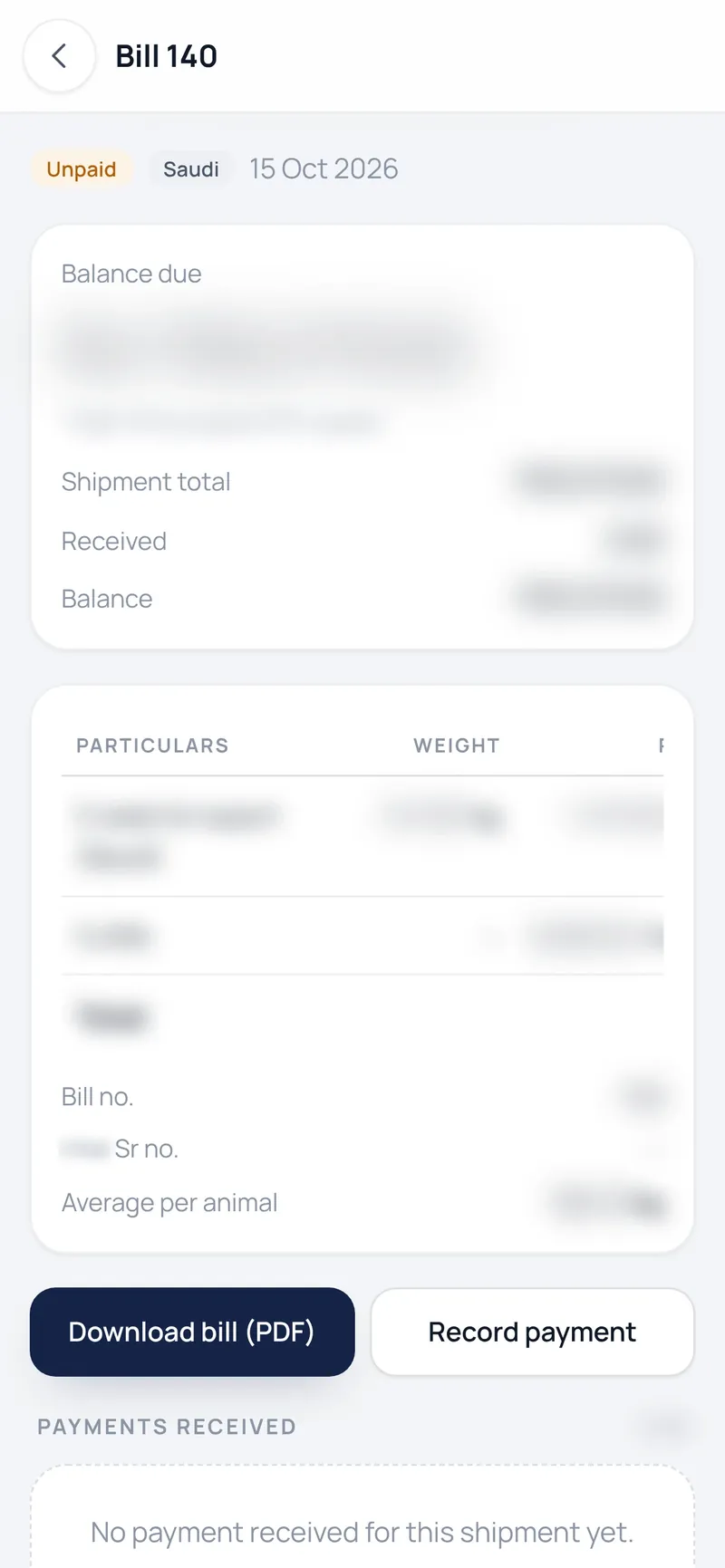 Hafiz Cattle Ledger — a shipment bill with balance due, particulars and payments received, amounts blurred